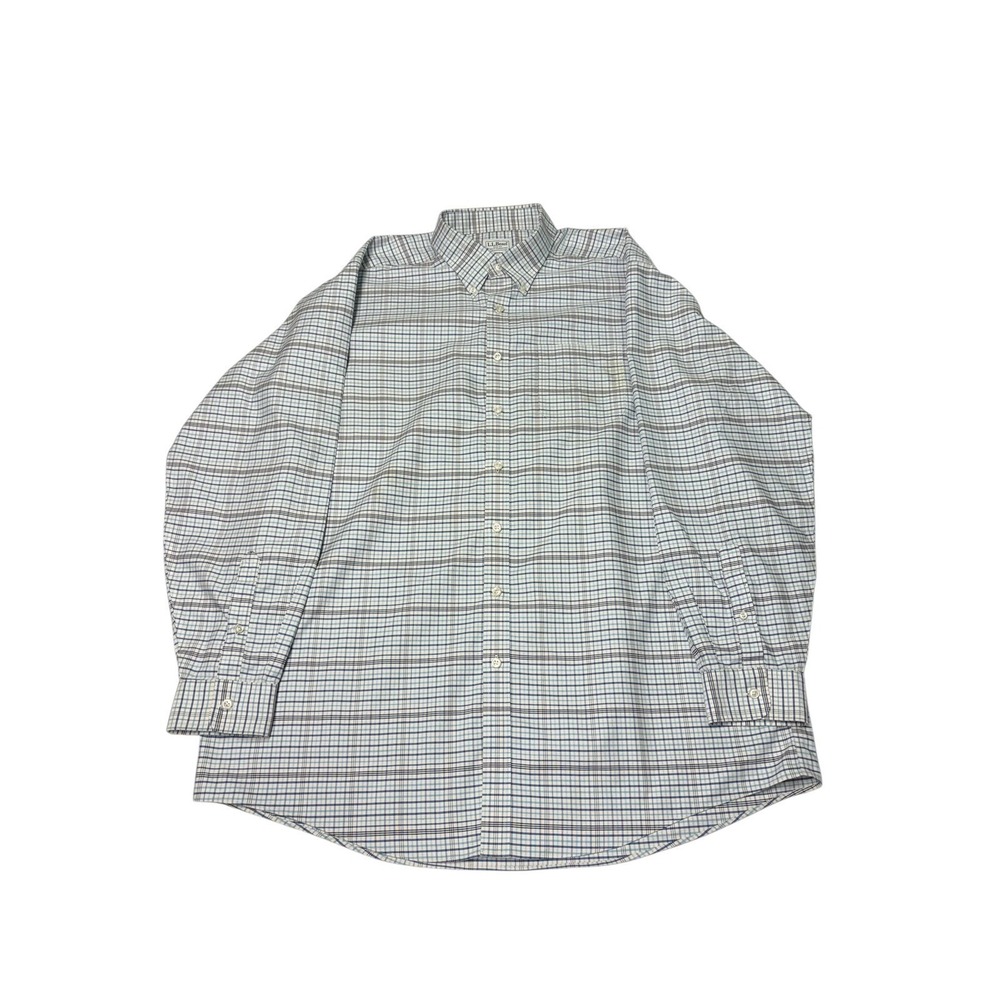 LL Bean Mens Traditional Fit Blue White Plaid Cotton Button Down Shirt 17.5-36